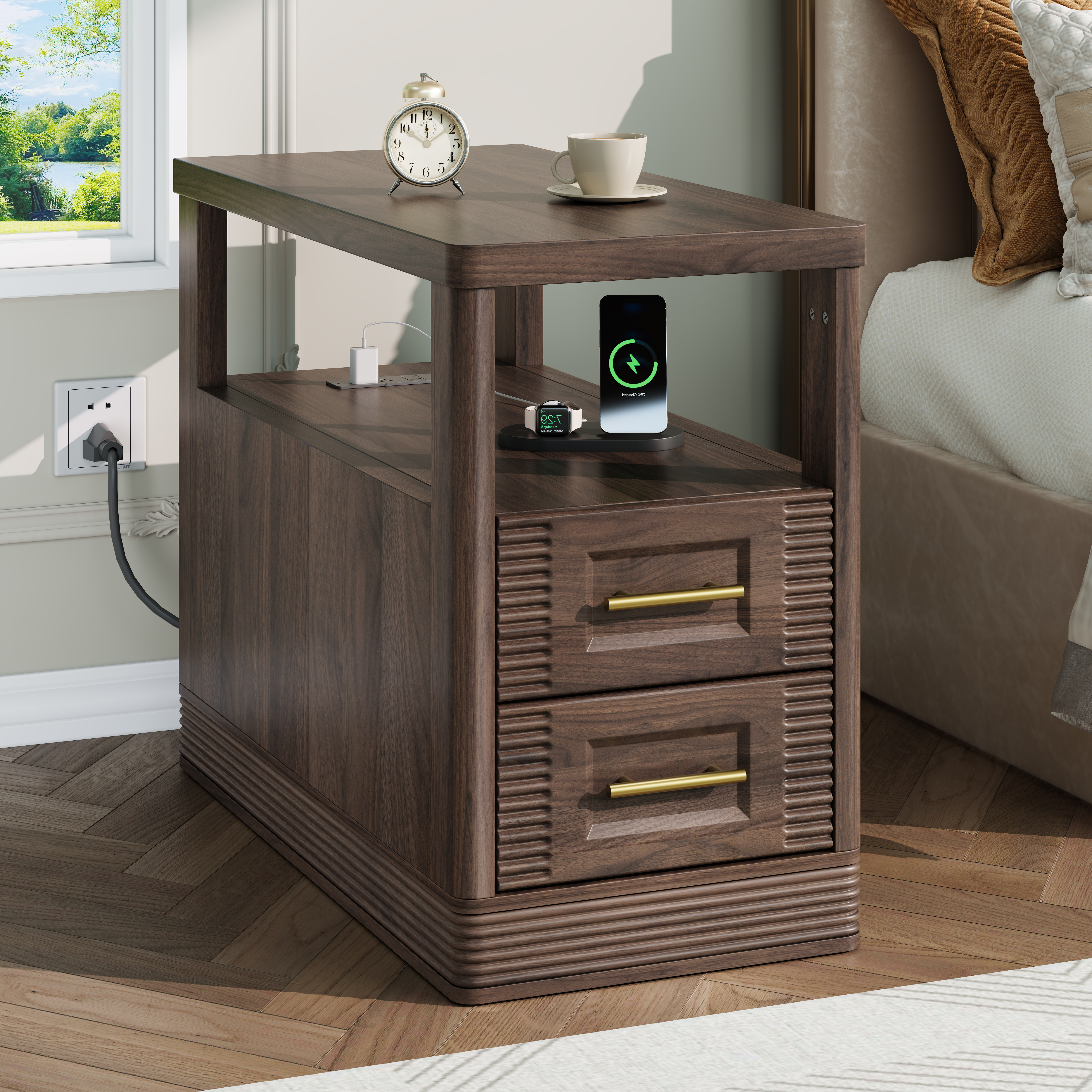 Walnut wooden nightstand with charging function