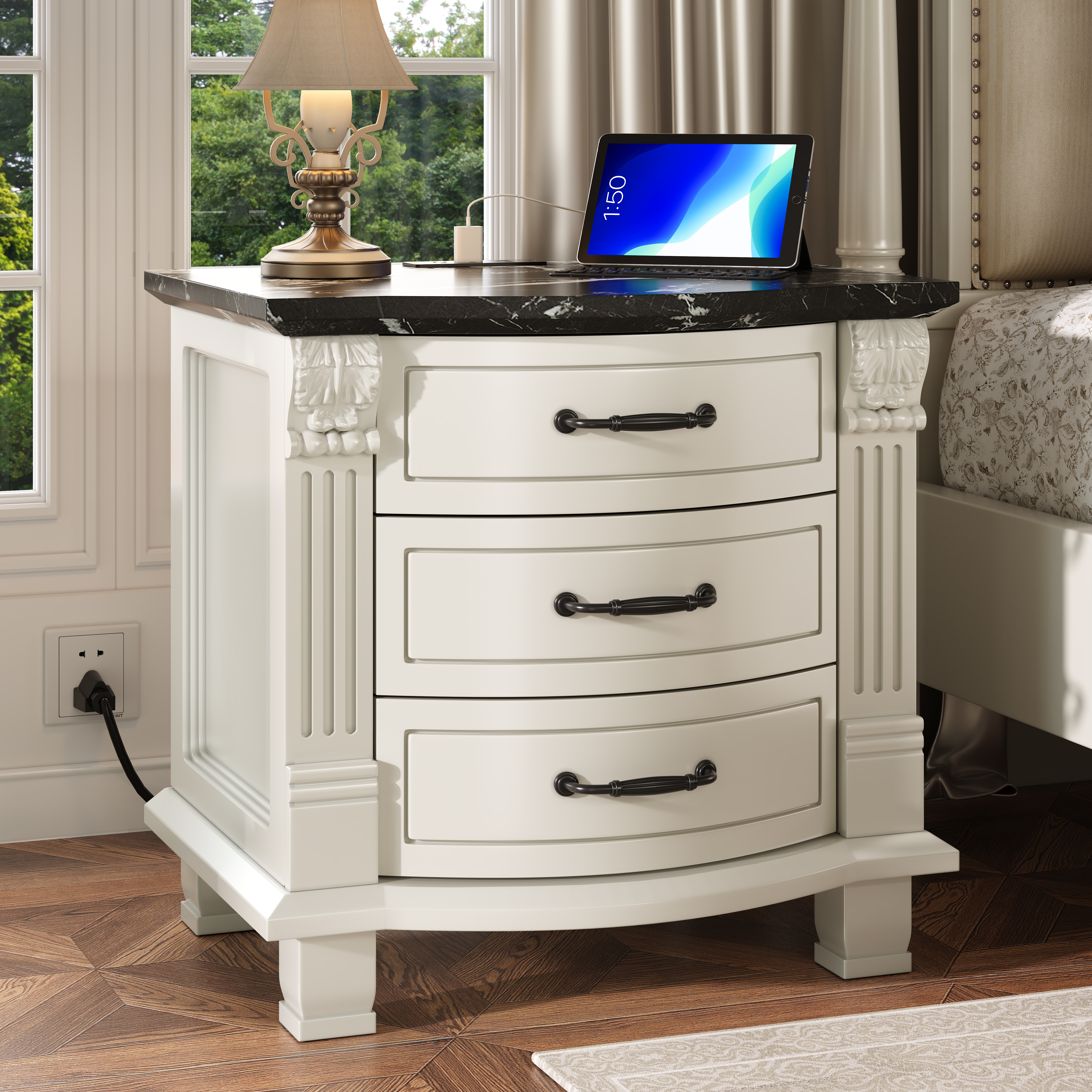 White nightstand with wireless charging station